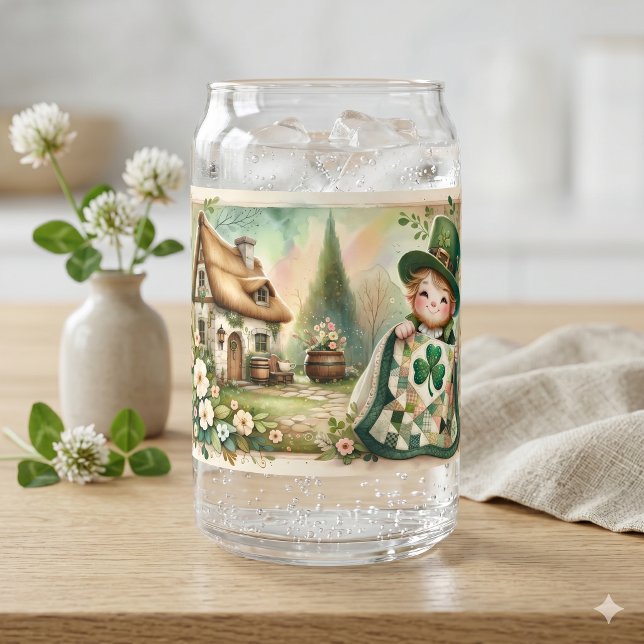 Kobold-Häuschen-Patchwork-Quilt-Szene Dosenglas (Cottage Leprechaun Patchwork Quilt Scene Can Glass)