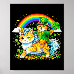 Kobold-Katze reitet Einhorn-Katze Kleeblatt Regenb Poster