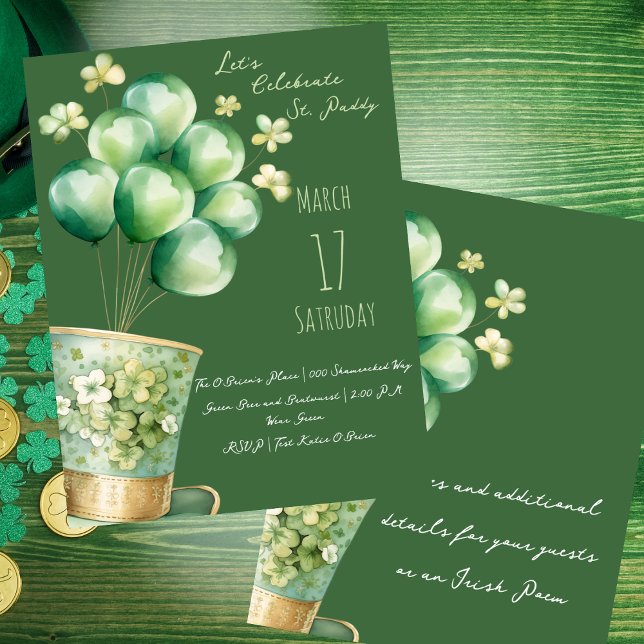 Kobold mit Balloons und Kleeblättern Einladung (Gold and Irish green shamrocks and top hat with balloons St Patrick's Day customizable party invites)