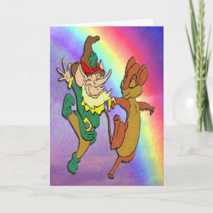 Kobold und Maus tanzen mit Regenbogen Karte