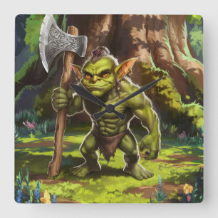 Kobold-Wächter des Waldes. Quadratische Wanduhr