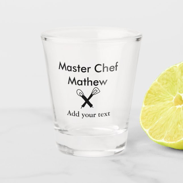 Koch-Bäckerei-Meister Koch hinzufügen Textname Cut Schnapsglas (Vorderseite)