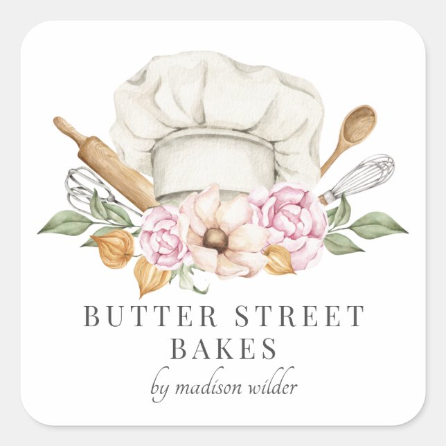 Koch für Backwaren mit Utensils Produktkennzeichnu Quadratischer Aufkleber (Vorderseite)