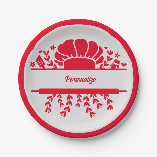 Koch Hat Red Gray Cook Personalisiertes Party Pappteller (Vorderseite)
