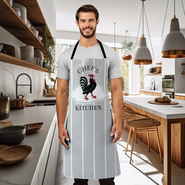 Koch Küchenzeile Strickte Schürze (Apron featuring a simple striped design with an optional rooster and cloud or circle background)
