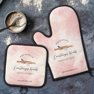 Koch-Logo für Bäckerei Niedlich Rosa Wasserfarbe Ofenhandschuh & Topflappen-Set