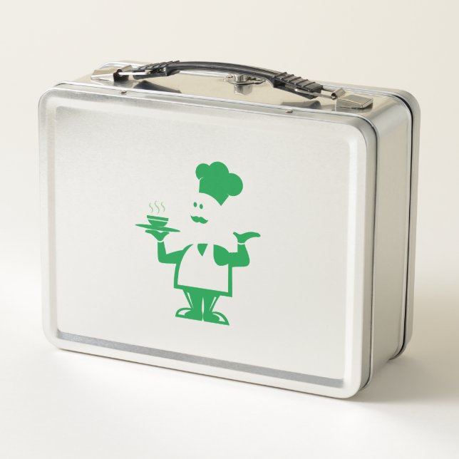 Koch mit einer Schüssel Suppe Metall Brotdose (Rückseite)