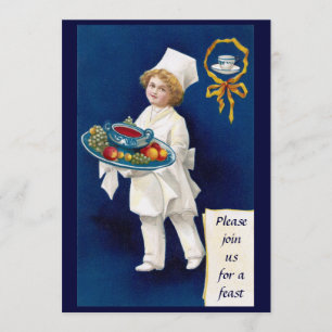 Koch mit Tureen des Suppen-und Frucht-Erntedanks Einladung