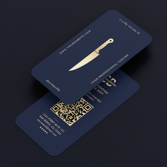 Koch Navy Blue Gold Knife Butler Visitenkarte (Modern Chef Navy Blue Gold Knife Butcher Business Card
)