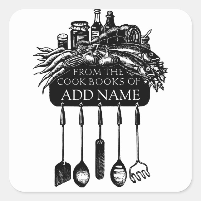 Kochbuch Buchzeichen mit Lebensmitteln und Dessert Quadratischer Aufkleber (Vorderseite)