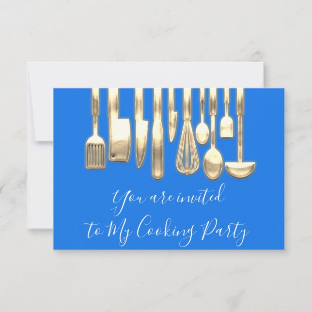 Kochen Party Koch Golden Kitchen Utensiva Blau Einladung (Vorderseite)