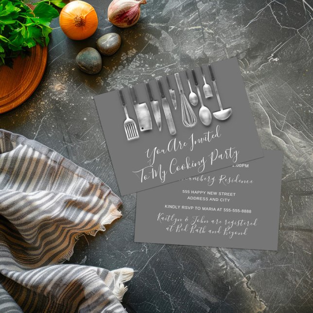 Kochen Party Koch Küche Weiß Grau Silber Einladung (Cooking Party Chef Kitchen White Gray Silver Invitation)