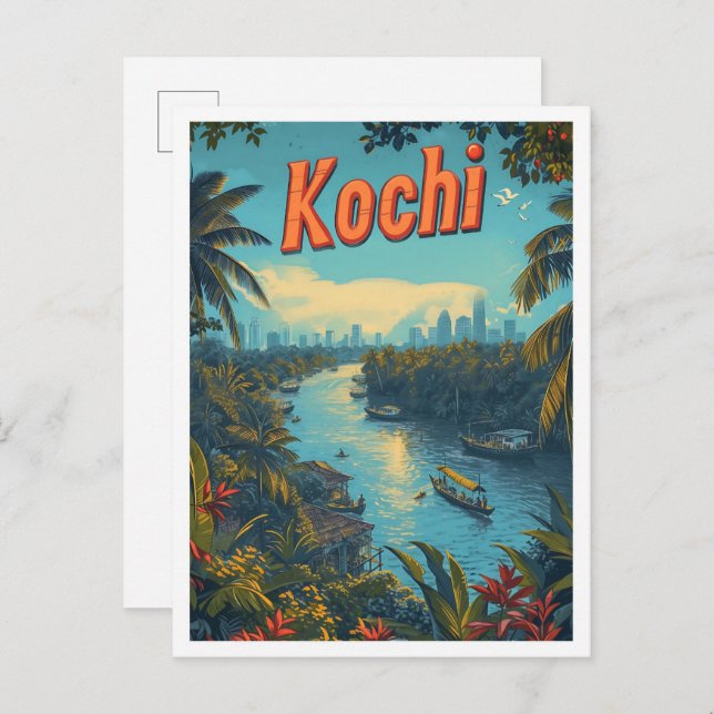 Kochi Kerala India Vintag Art Travel Illustration Postkarte (Vorne/Hinten)