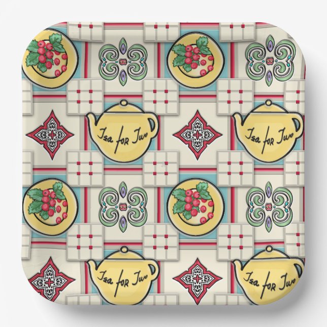 Kochmuster mit gelben Teekannen aus den 40er Jahre Pappteller (Vorderseite)