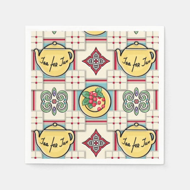 Kochmuster mit gelben Teekannen aus den 40er Jahre Serviette (Vorderseite)