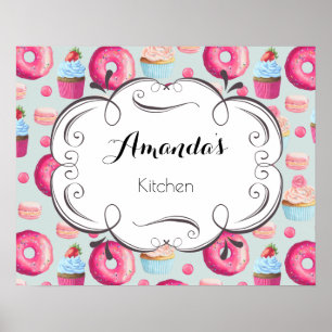 Kochnische mit Donuts Macarons und Cupcakes Poster