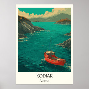 Kodiak Alaska Küstenstadt Rotes Boot Poster
