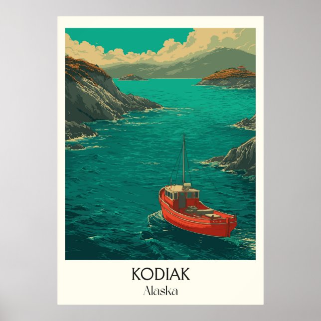 Kodiak Alaska Küstenstadt Rotes Boot Poster (Vorne)