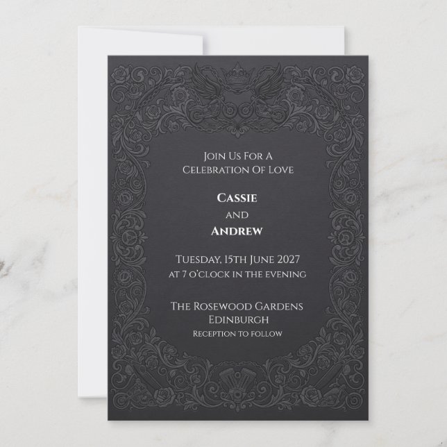 Kohle-Gotik-Rosen-Raben-Hochzeit Einladung (Vorderseite)