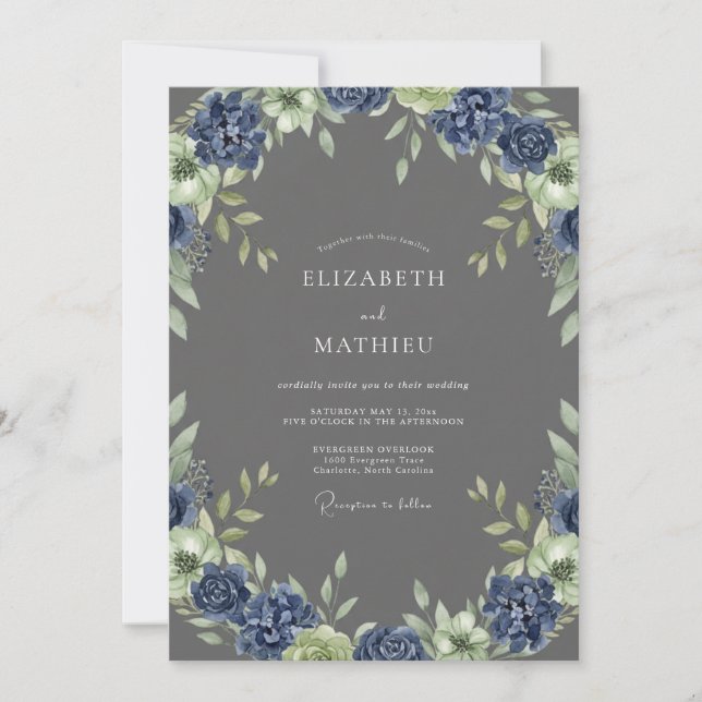 Kohle-Indigo-Blatt-Hochzeit Einladung (Vorderseite)