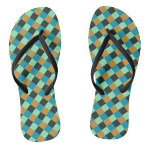 Kohle-Ocker-Teal-Grün-Blau-Karo Flip Flops