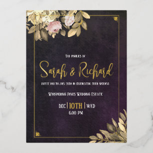 Kohle-Schwarz Botanische Luxus Art Deco Hochzeit Folie Einladungspostkarte