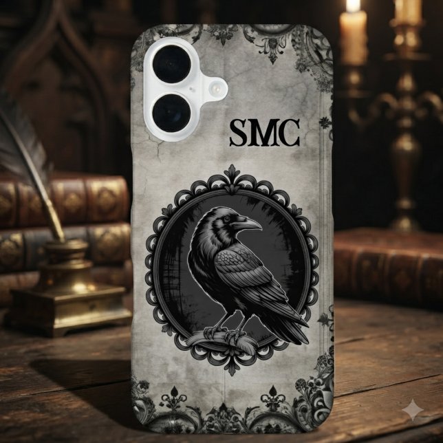 Kohlegotische Rabenmonogramminitiale iPhone 16 Hülle (Gothic raven monogram phone case for dark academia fans, perfect for moody everyday style.)