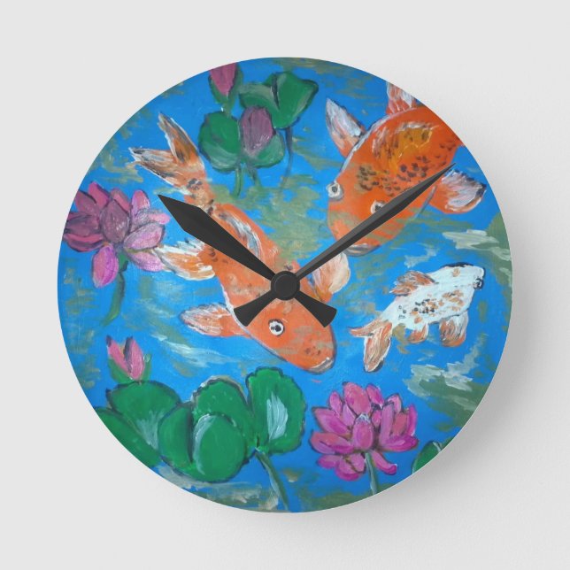 Koi Amongst Lotus Wall Clock Runde Wanduhr (Vorderseite)