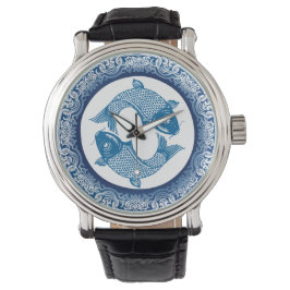 Koi Carp Fish Chinoiserie Blaues Muster Armbanduhr