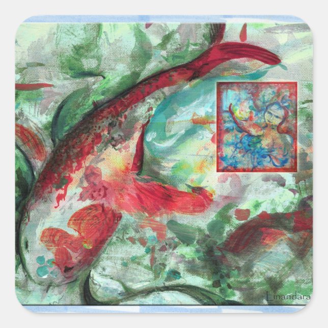 Koi Carp Fish Painting Quadratischer Aufkleber (Vorderseite)