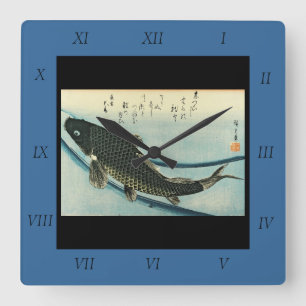 Koi (Carp) - Hiroshige's Japanese Fish Print Quadratische Wanduhr