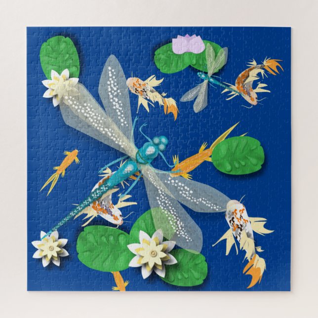 Koi Carp, Water Lily und Blue Dragonflies Puzzle (Vertikal)