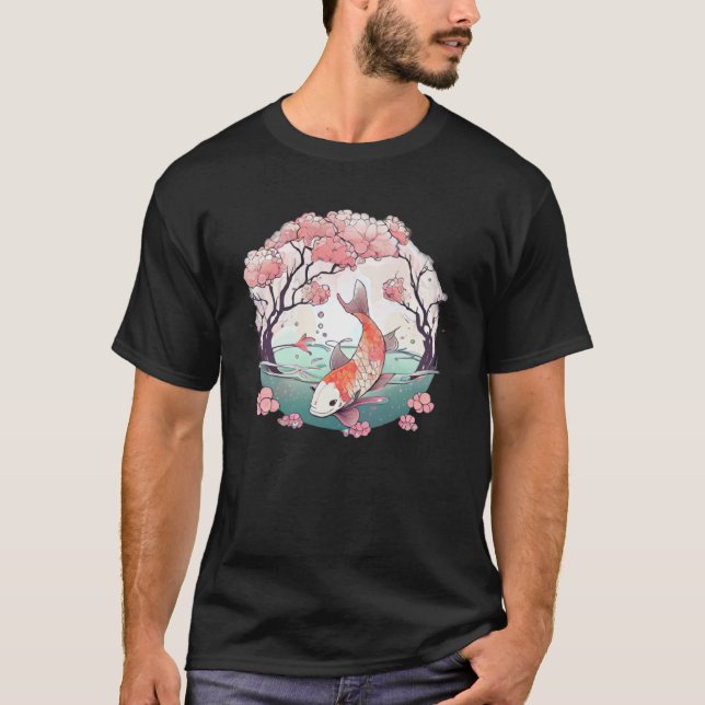 Koi Fisch im Teich schwimmen neben Kirschblüte t T-Shirt (Vorderseite)