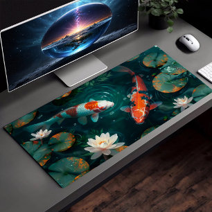 Koi Fisch im Wasser Weißer Lotus Illustration Art Schreibtischunterlage