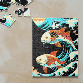 Koi-Fisch in einer großen Welle im Comic-Stil Puzzle