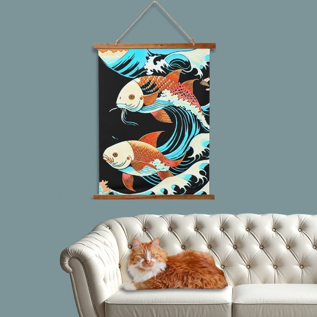 Koi-Fisch in einer großen Welle im Comic-Stil  Wandteppich Mit Holzrahmen (Von Creator hochgeladen)