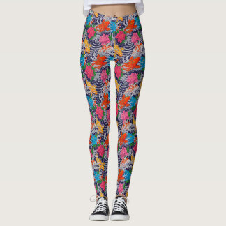 Koi Fisch Japanischer Tattoo mit Wellenblumenmuste Leggings