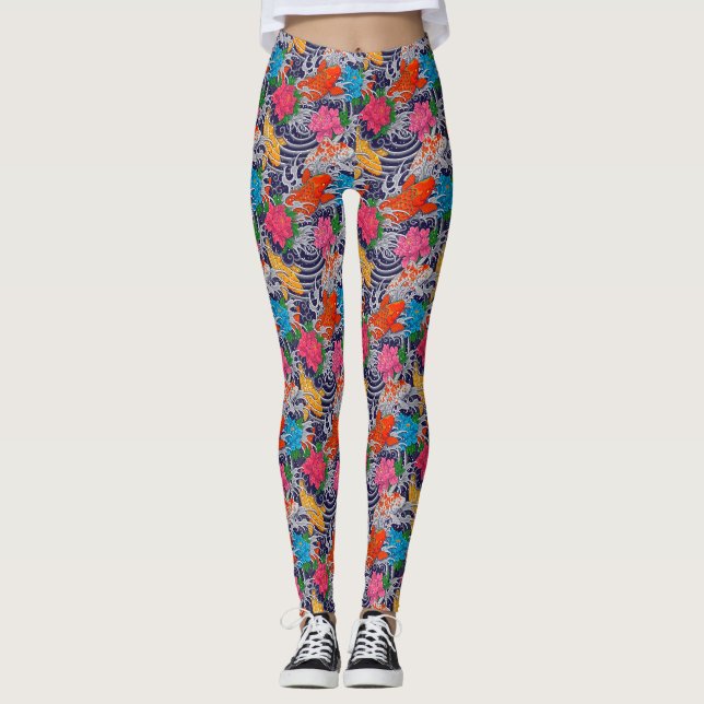 Koi Fisch Japanischer Tattoo mit Wellenblumenmuste Leggings (Vorderseite)