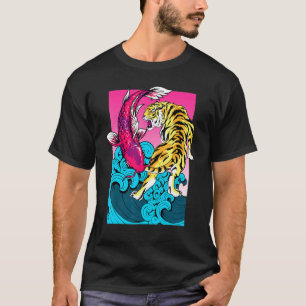 Koi-Fisch Karpfen Tiger Yin Yang Die Große Welle v T-Shirt