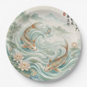 Koi-Fisch-Lotus-Tusche-Wasch-Kunst Pappteller