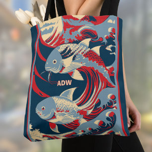 Koi-Fisch mit rotem blauem Great Wave-Monogramm