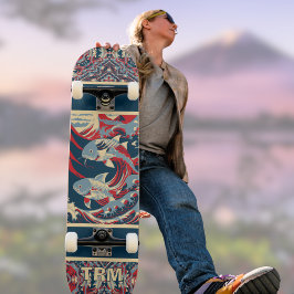 Koi-Fisch mit verrücktem rotem blauem Muster-Monog Skateboard
