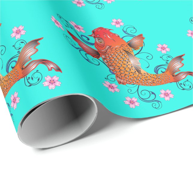 Koi Fisch Orientalisch orange Türkis elegant Geschenkpapier (Rolleneckpunkt)