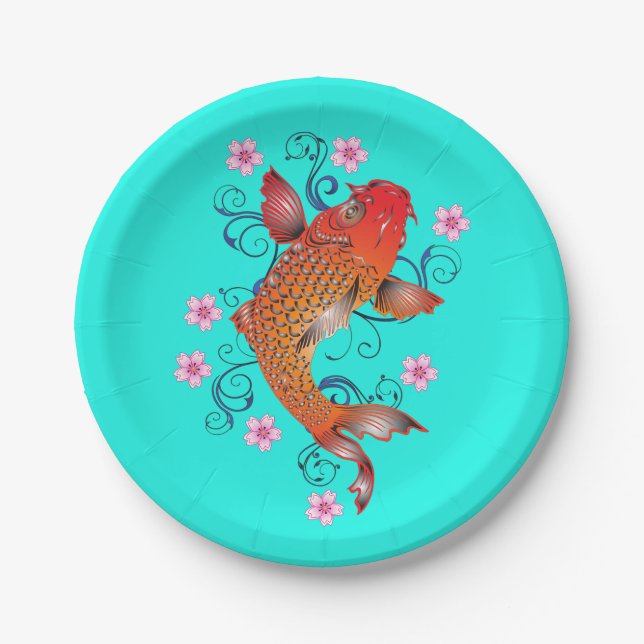 Koi Fisch orientalisch orange türkis floral elegan Pappteller (Vorderseite)