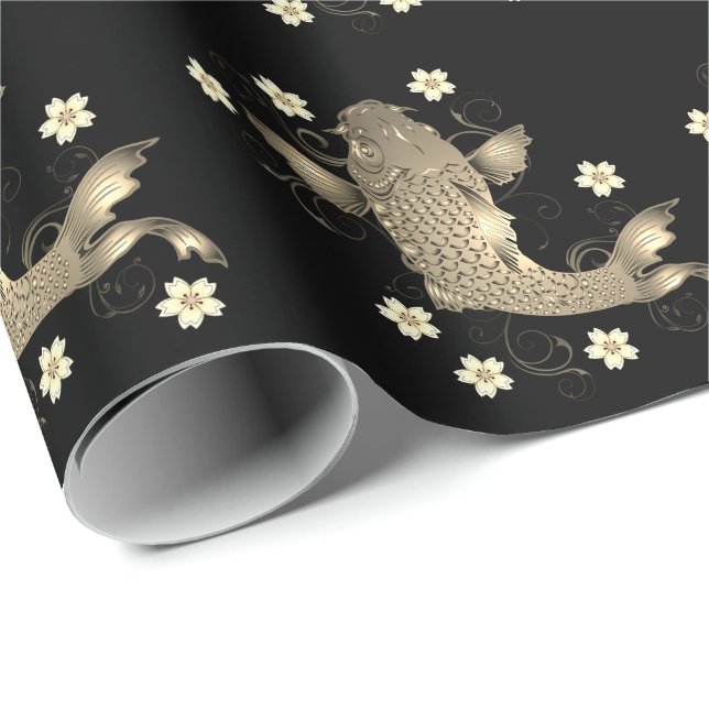 Koi Fisch orientalisch schwarz und gold floral ele Geschenkpapier (Rolleneckpunkt)