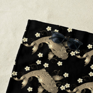 Koi Fisch orientalisch schwarz und gold floral ele Strandtuch