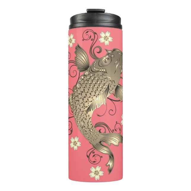 Koi Fisch Pfirsich und goldener orientalischer flo Thermosbecher (Vorderseite)