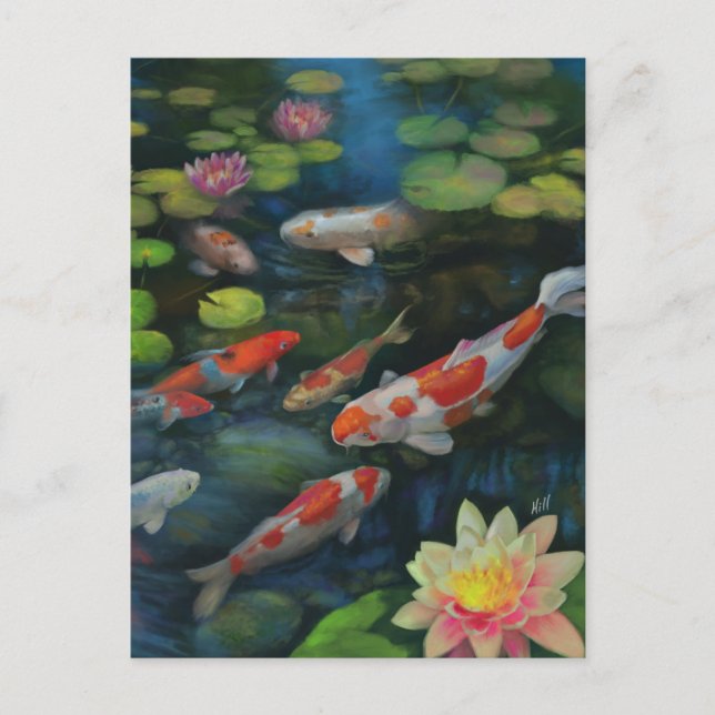 Koi Fisch Schwimmbad Lotus Blume Zen Malerei Postkarte (Vorderseite)