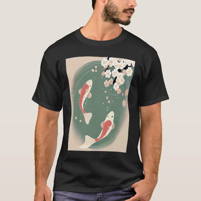 Koi Fisch schwimmen im Teich mit Kirschblütenfluss T-Shirt (Vorderseite)