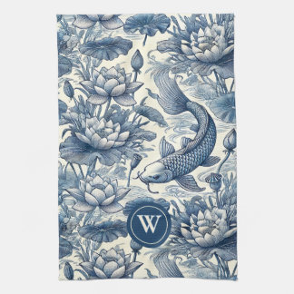 Koi-Fisch-Seerose Blau Chinoiserie Toile Initiale Geschirrtuch